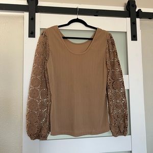 Womens Long Sleeve Scoop Neck Lace Crochet Ribbed Blouse